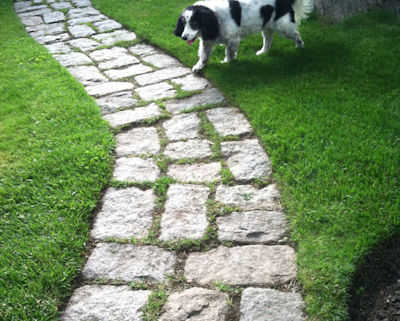 Used granite cobbles laid on their side make a classic garden path